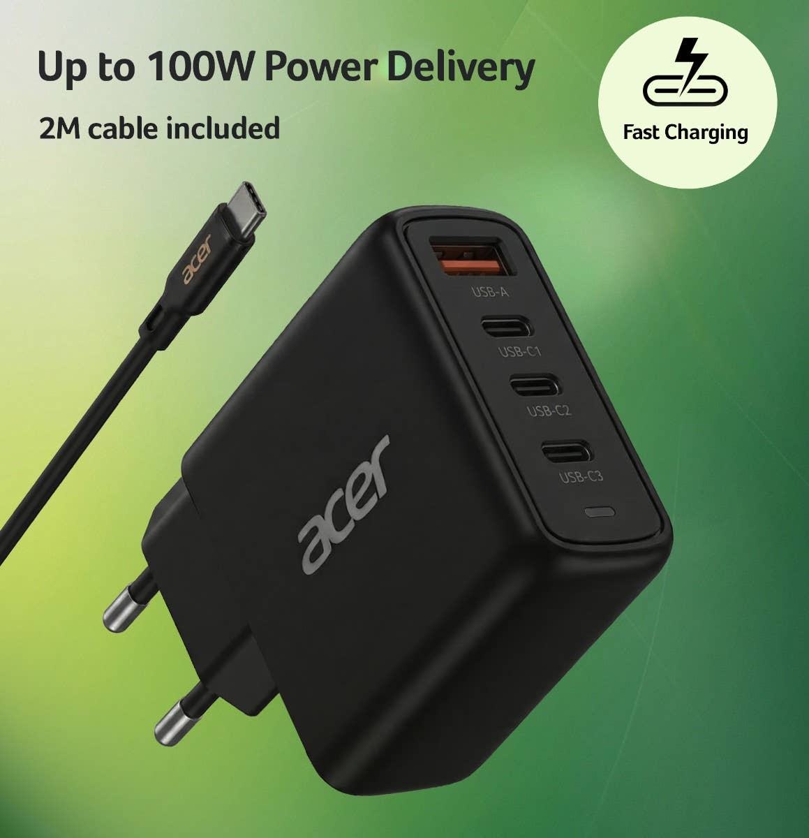 Acer 100W GaN PD Oplader, USB-poorten: 3C+1A, EU-stekker