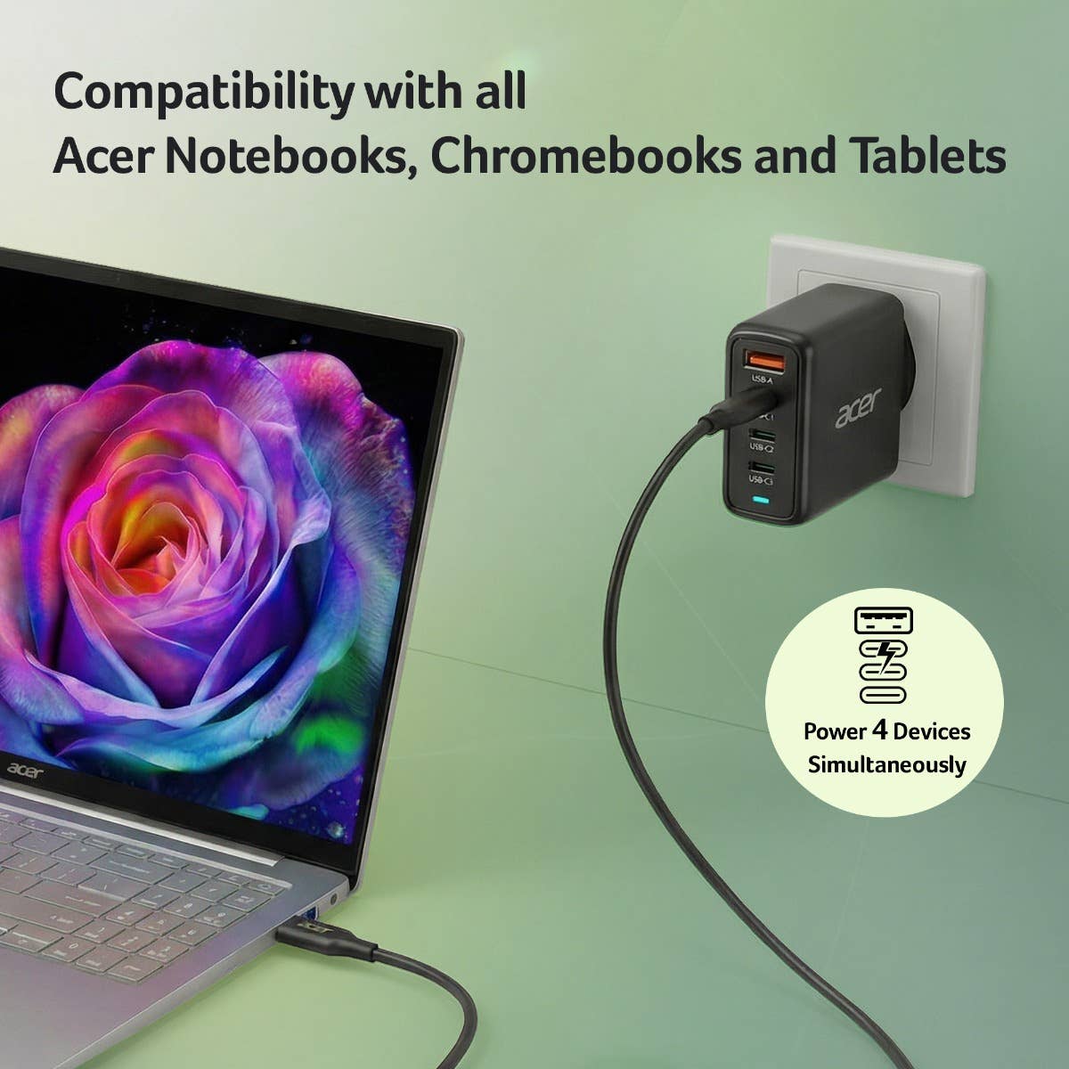 Acer 100W GaN PD Oplader, USB-poorten: 3C+1A, EU-stekker